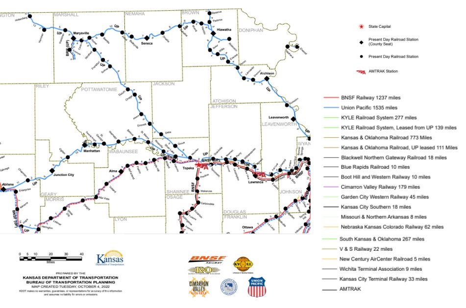 Map of rail lines in and around Pottawatomie County, KS.