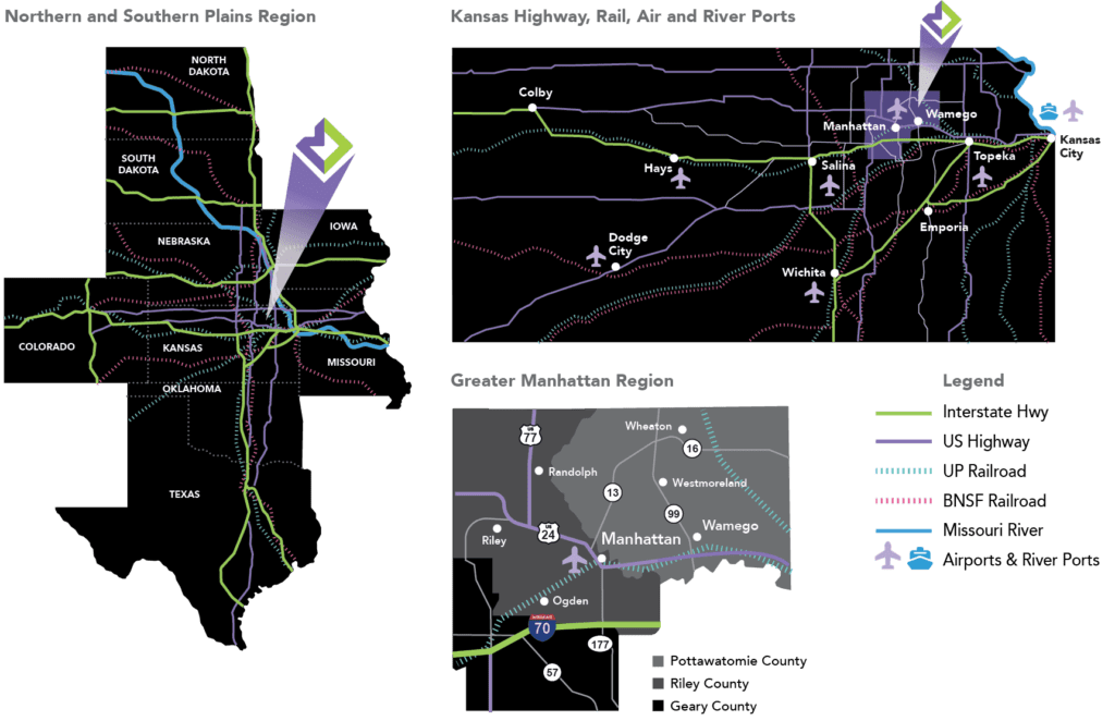 map of transportation routes in and around the greater Manhattan, KS area.